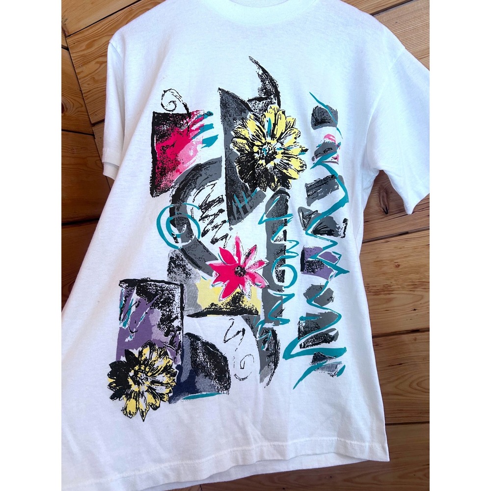 Vintage Graphic T-Shirt Womens Large White Abstract Floral Retro Second Wind ART